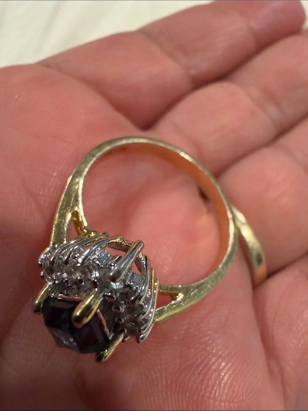 18K Gold Electroplated Ring with Deep Blue Kite-Cut Center and Clear Stones.
